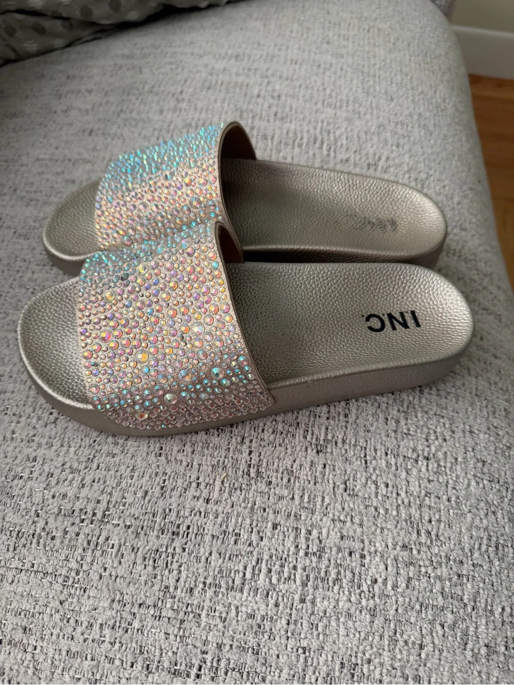INC International Concepts Metallic Taupe Slide Sandals with Iridescent Crystals